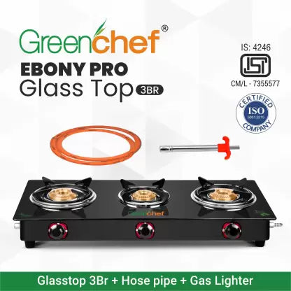 Greenchef Ebony Pro 3BR ( Hose Pipe + Lighter ) Glass Manual Gas Stove (3 Burners) Greenchef Ebony Pro 3BR ( Hose Pipe + Lighter ) Glass Manual Gas Stove (3 Burners)